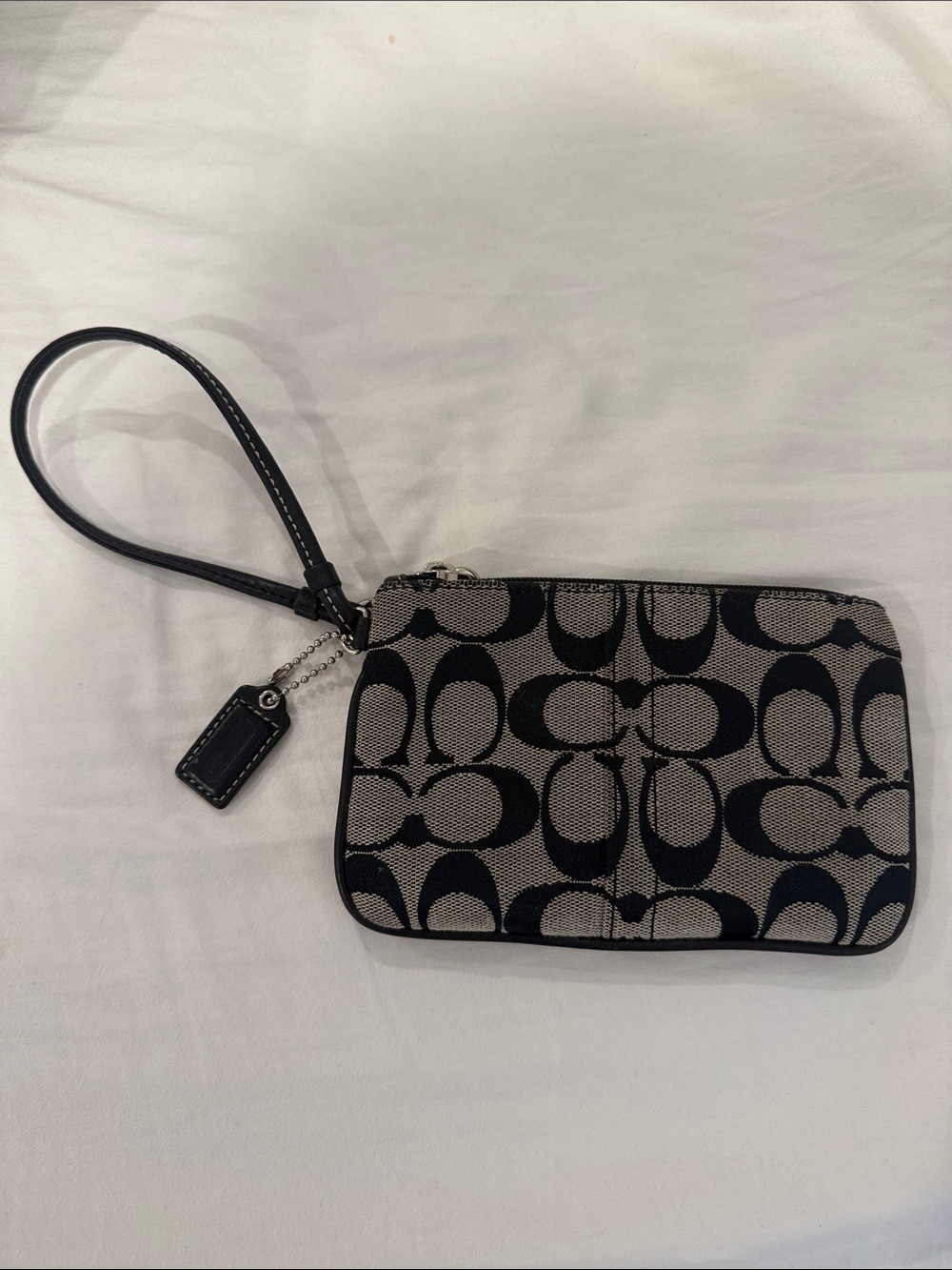 Coach Black and Gray Signature Canvas Wristlet with Leather Strap